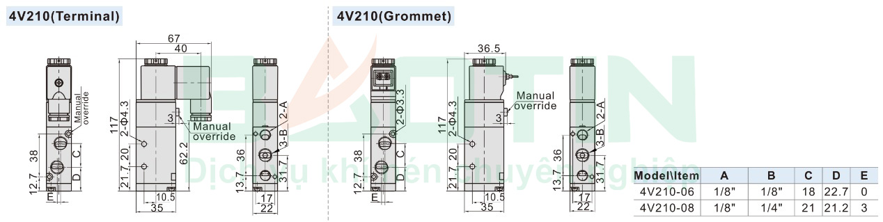 Kích thước Van điện từ Airtac 4V210-08
